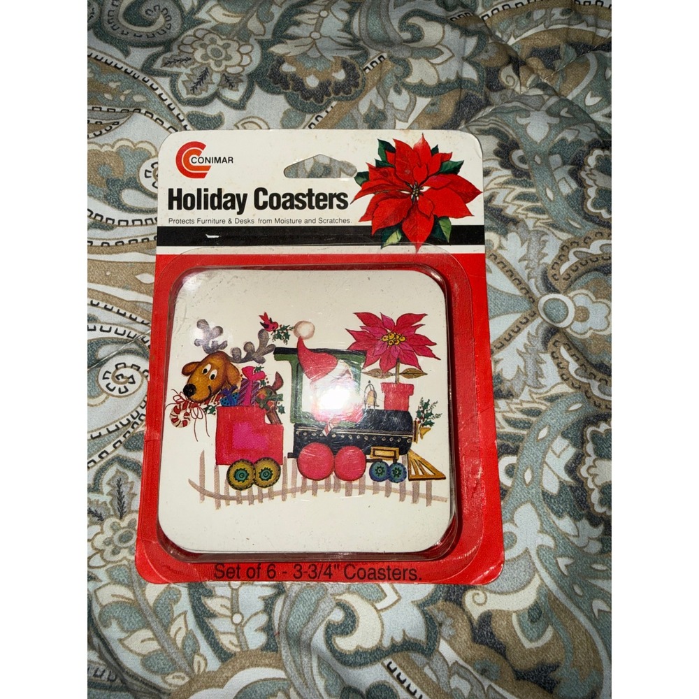 Vintage Conimar Holiday Coasters Set of 6 Christmas Santa Train Cork Back 3.75in